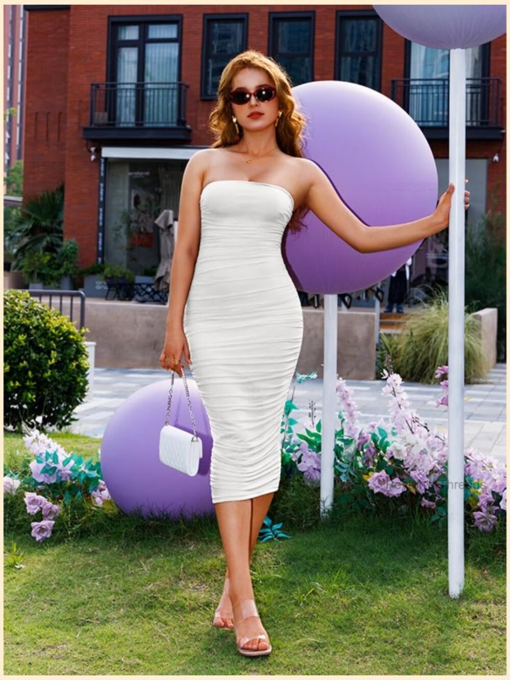 Sexy Strapless Bodycon Ruched Midi Club Party Dress Sleeveless - Picture 6 of 7